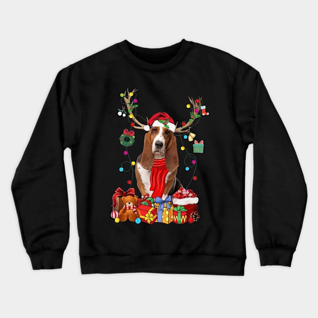 Basset Hound Reindeer Santa Christmas Color Lights Crewneck Sweatshirt by sueannharley12